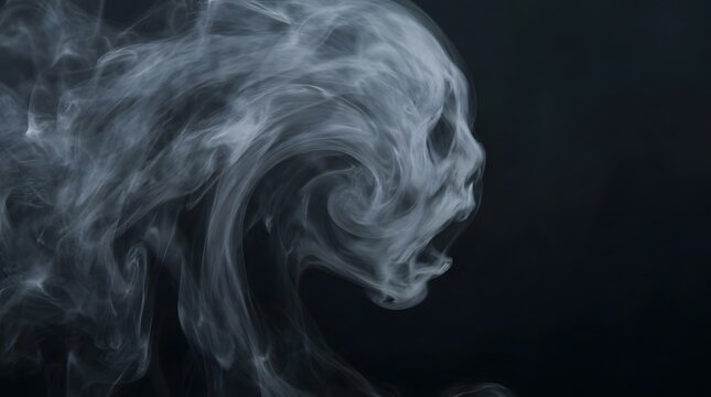 Eerie Halloween smoke phantom forming a terrifying ghostly face silhouette in dark atmosphere creating a spooky mystical spectral supernatural horror art background