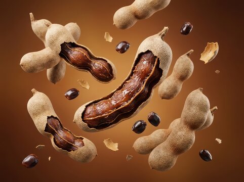 Tamarind pods and seeds floating in midair with broken shells against warm brown background