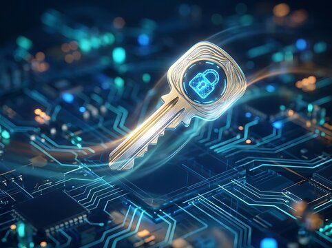 A glowing digital key floating above a complex computer motherboard representing cybersecurity data protection and advanced encryption technology for secure online network systems