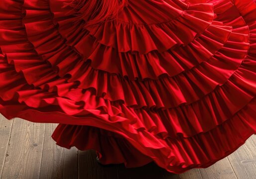 Vibrant red ruffles of a traditional gown swirl above a rustic wooden floor, capturing the intense energy and motion of a rhythmic dance, movement, festive, red