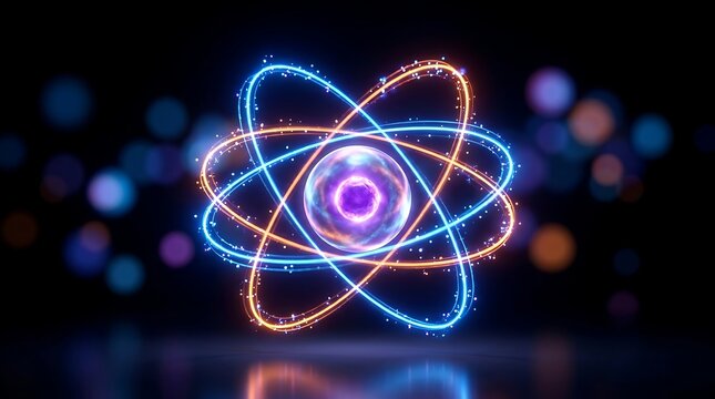 A glowing neon atom model with swirling orbital rings and a bright central nucleus isolated against a dark background with soft bokeh lights