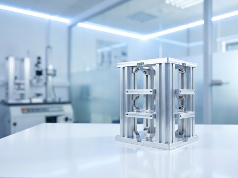 A metallic cube structure sits on a sterile white surface inside a modern high tech laboratory environment with bright blue ambient lighting