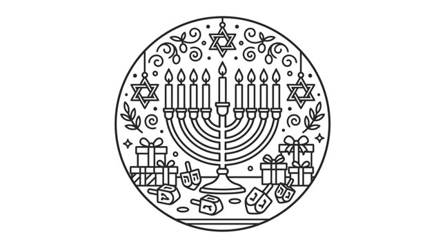 Corporate Black and White Hanukkah Themed Featuring Menorah Gifts Dreidel Stars of David and Decorative Elements