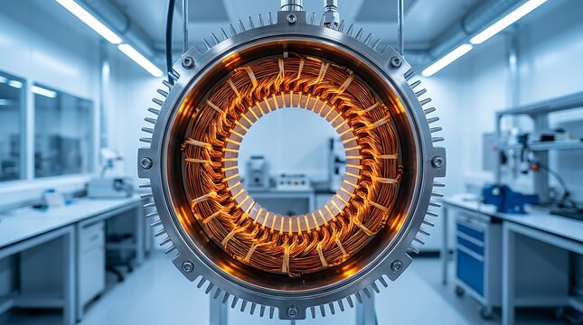A close up view of a large industrial electric motor stator with copper windings inside a modern clean manufacturing facility or repair workshop