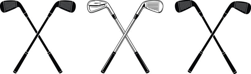 Obraz premium Crossed golf clubs vector illustration set featuring black silhouette and detailed outline golf iron driver club icons