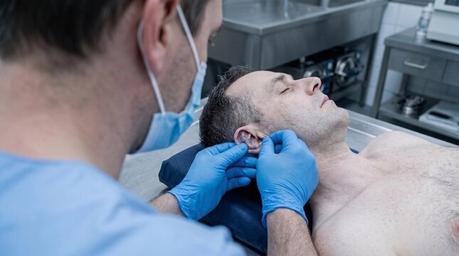 Close up over shoulder medical examiner hands in surgical gloves inspecting injury on ear of dead man in autopsy room