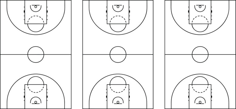 Black line art basketball court layout vector set featuring top view diagram schema for tactics strategy and planning