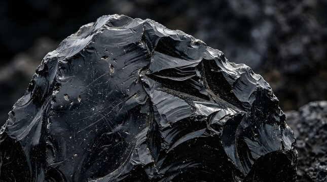Closeup of a piece of black obsidian volcanic glass with sharp edges and conchoidal fracture