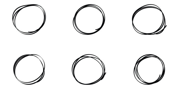 Dark isolated hand drawn stroke circle icon set on white page. Doodle black ring circle vector icons. Hand drawn border outline scribble icons set on white background. EPS 10. 