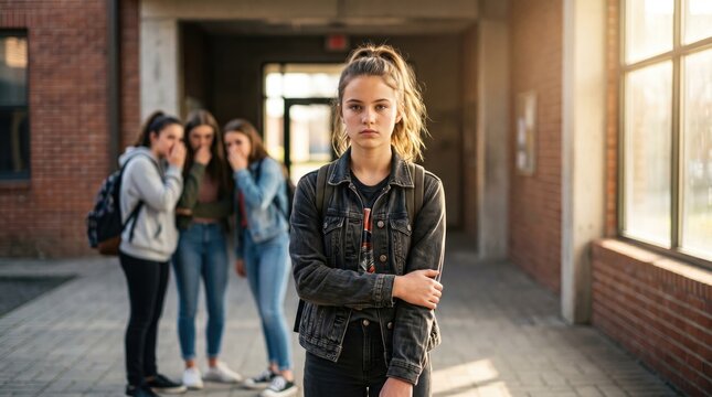 Teenage girl standing apart from group looking excluded and alone