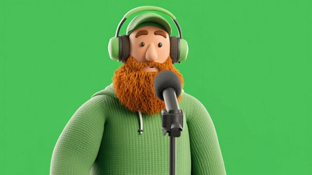 A young bearded man wearing headphones and a hat is speaking into a microphone during a podcast recording in a studio, Close-up view. and green background, 3d model