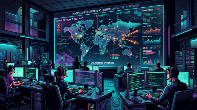 Cybersecurity professionals monitor global network threats at operations center. Brightly lit room with computers displaying data and maps