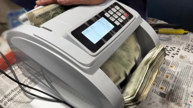 Shot of 500 Indian rupees banknotes in cash counting by machine. Indian cash counting video