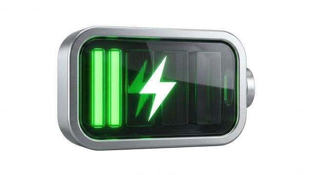 Green battery charging realistic 3 D isolated on a transparent background
