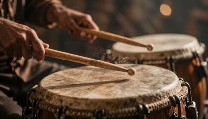 Obraz premium Performer Playing Traditional Hand Drums with Wooden Sticks