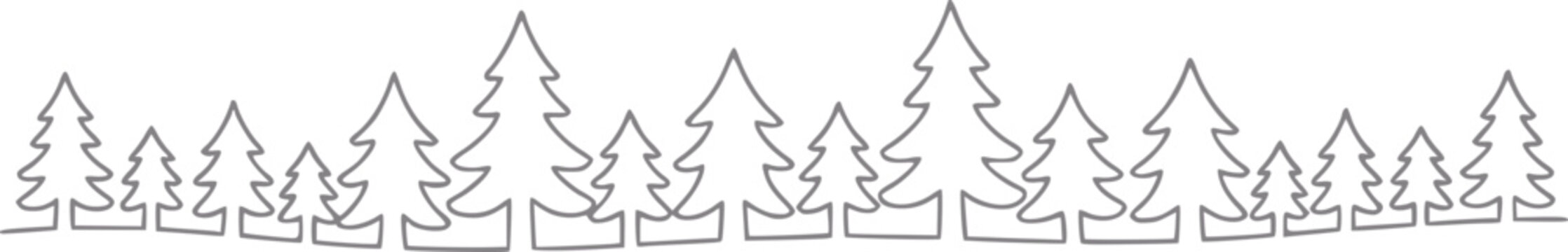 Una l&iacute;nea minimalista de un borde de bosque con varios tama&ntilde;os de pinos perennes en una fila