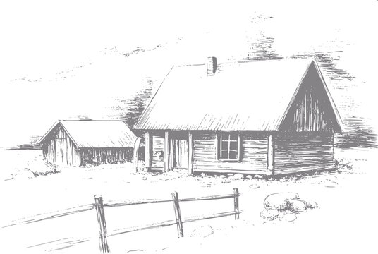 Un dibujo a mano vintage de una caba&ntilde;a de madera r&uacute;stica y un peque&ntilde;o cobertizo en un paisaje rural tranquilo