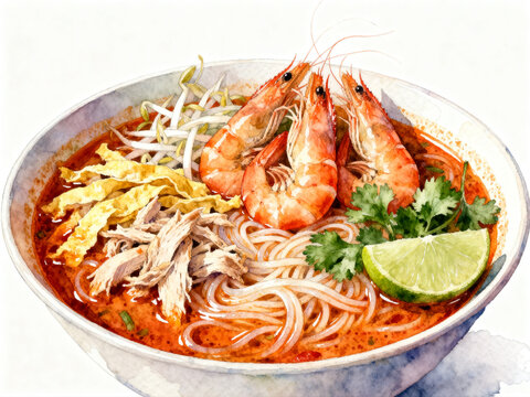 Sarawak laksa noodle soup with fresh prawns, shredded chicken, omelette strips, and lime, watercolor digital illustration.