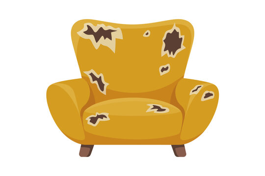 Un sill&oacute;n amarillo desgastado con tela rota y agujeros, aislado sobre un fondo blanco en un estilo plano