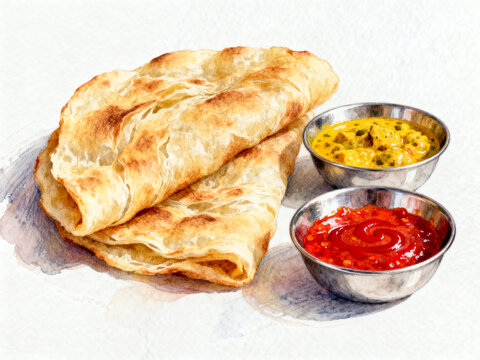 Flaky Malaysian roti canai flatbread served with dhal curry and sambal dipping sauces, watercolor food illustration.