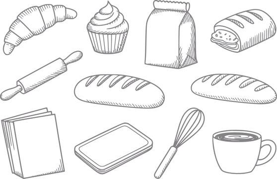 Colecci&oacute;n dibujada a mano de pasteles de panader&iacute;a, pan y herramientas de horneado de cocina sobre fondo blanco