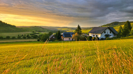 Obraz premium Sunset view over the beautiful rolling fields and vineyards of the Mosel region of Germany during summer