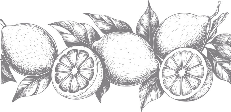 Imagen vintage dibujada a mano de limones frescos con hojas y rodajas de c&iacute;tricos dispuestas en un borde decorativo