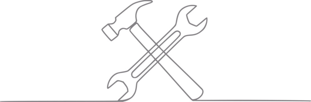 L&iacute;nea continua minimalista de un martillo y una llave cruzados representando servicios de construcci&oacute;n y reparaci&oacute;n