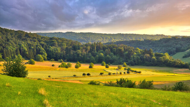 Sunset view over the beautiful rolling hills of the Mosel region of Germany during summer