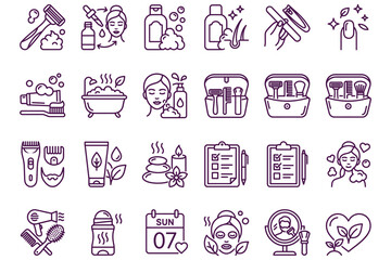 Fototapeta premium Beauty and skincare routine icons set with various tools and products for spa and wellness treatments