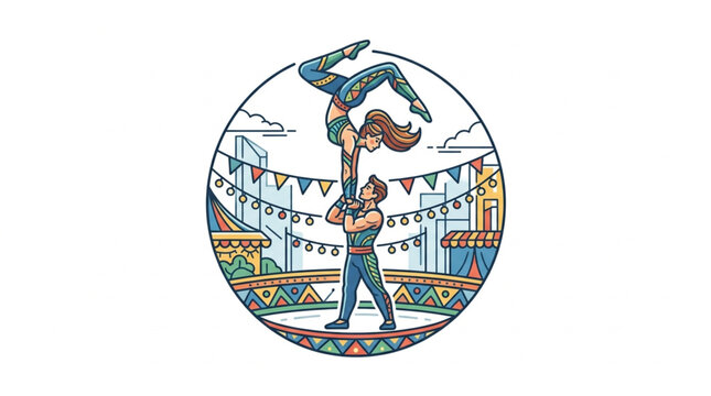 Colorful circus acrobat performing handstand on horseback.