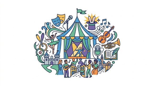 Colorful circus performance with musicians and acrobats under a tent.
