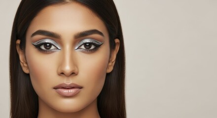 Fototapeta premium indian woman with silver smokey eyeliner makeup, closeup beauty portrait
