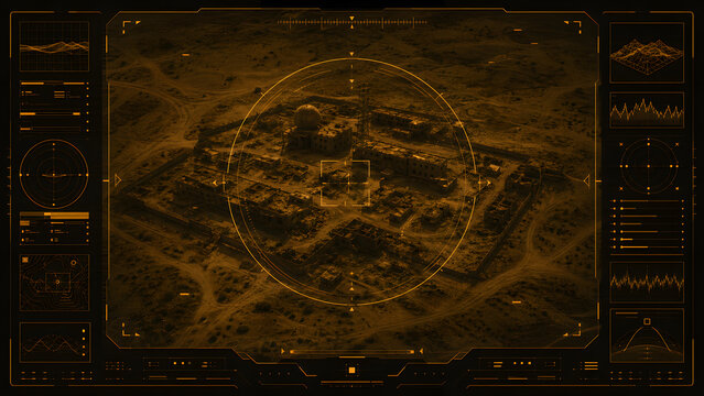 Military drone targeting screen showing desert compound from above in orange