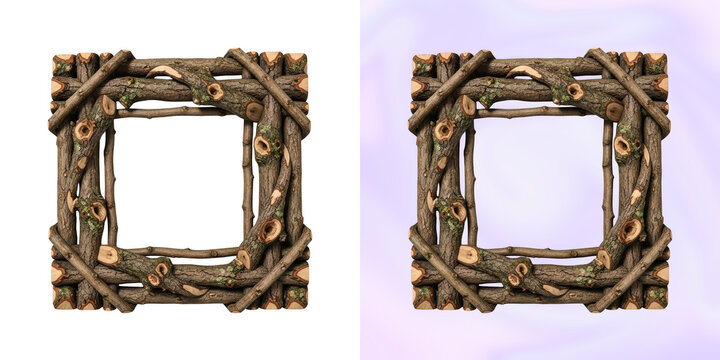 Rustic square wooden twig picture frame on transparent background and light purple swirl.