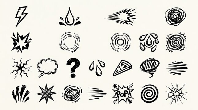 Set of handdrawn comic book style sound effects and action elements isolated on white background