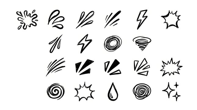 Handdrawn comic book style action effect elements isolated on white background