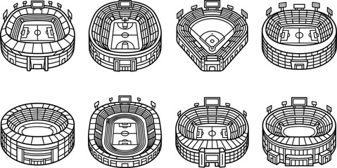 Isometric line vector collection of various sports stadiums including soccer pitches, basketball courts, baseball diamonds, and athletic arenas. © MD SHAHAG ISLAM