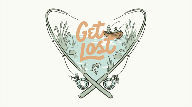 Get lost in nature adventure. Graphic design for t shirt print and apparel. Fishing rods heart shape with boat and jumping trout fish. Vintage retro hand drawn outdoor illustration.