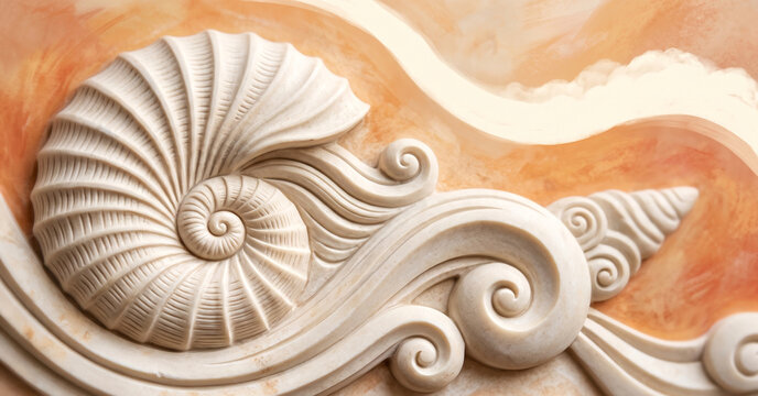 Intricate Carved Marble Seashell Pattern Decorative Bas Relief Wall Art Design