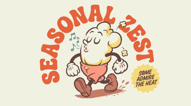 Seasonal zest some admire the heat. Retro t shirt print design for apparel. Whistling popcorn kernel mascot character walking. 1930s rubber hose cartoon style vector illustration.