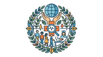 Fototapeta premium Colorful emblem with medical cross and global elements.