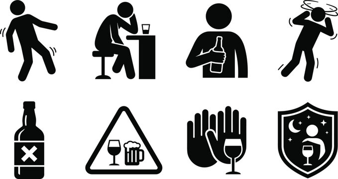 Alcohol Abuse and Drunk People Pictogram Vector Icon Set Featuring Dizziness Stumbling Drinking Warning Caution and Refusal Symbols