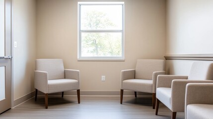Fototapeta premium Empty Patient Waiting Room Hospitality Inspired Design Soft Alternate Seating Perspective, calming empty waiting room, modern commercial interior, relaxing hospitality design