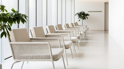 Fototapeta premium Empty Waiting Area Woven Fabric Seating Neutral Colors Sophis Wide Angle Interior View, calming empty waiting room, modern commercial interior, relaxing hospitality design