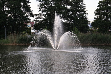 Fototapeta premium Water fountain spraying in a calm lake surrounded by trees.