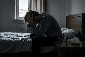 Fototapeta premium Depressed Young Man Sitting on Bed Holding His Head in a Dark Bedroom