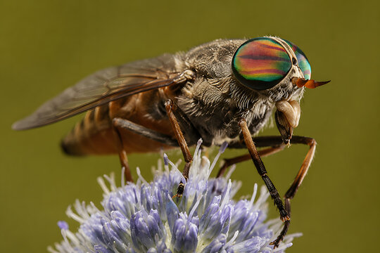 Extreme Macro of Horse Fly with Iridescent Compound Eyes on Blue Wildflower