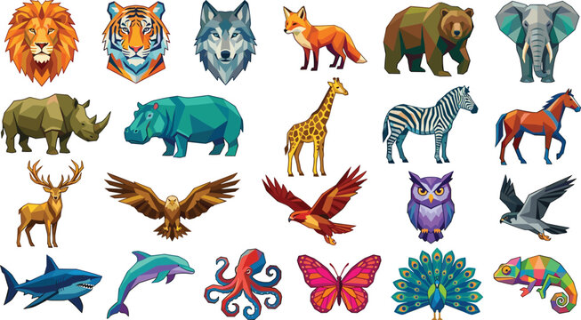 Low Poly Geometric Animal Vector Icon Set Featuring Wild Lion Tiger Elephant Eagle Shark Butterfly Polygon Illustrations