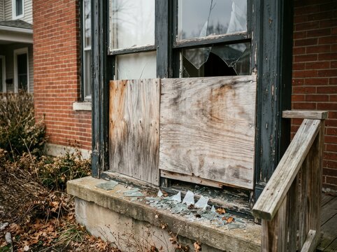 An abandoned house with broken windows boarded up with plywood, showing signs of decay and neglect